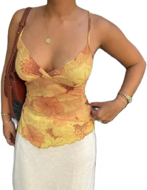 Women Floral Print Tie Shoulder Tank Tops Y2k V Neck Ruffle Hem Cami Shirt Cute Smocked Cami Tops