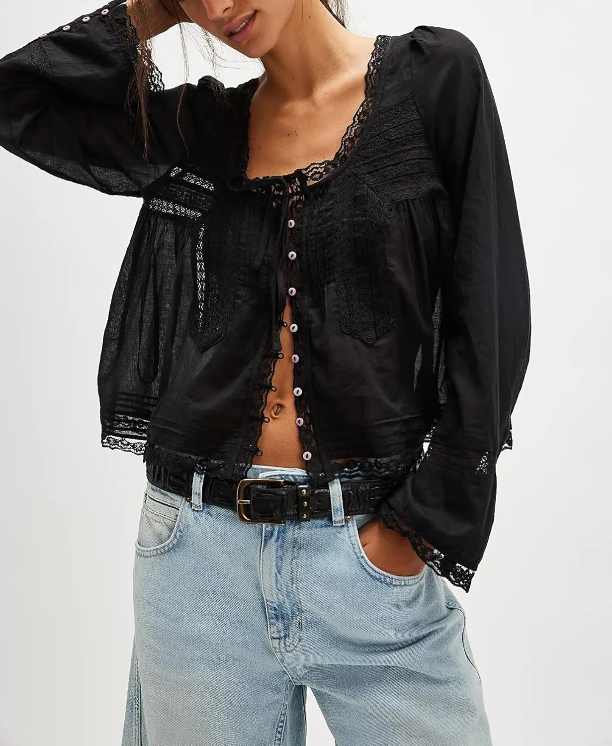 Women Lace Tie Front Top Y2k Coquette Long Sleeve Button Up Chiffon Cardigan Flowy Boho Peplum Shirt Going Out Tops