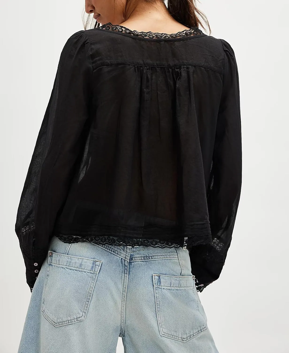 Women Lace Tie Front Top Y2k Coquette Long Sleeve Button Up Chiffon Cardigan Flowy Boho Peplum Shirt Going Out Tops
