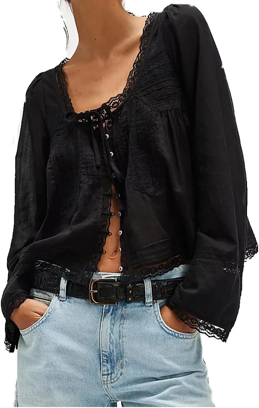 Women Lace Tie Front Top Y2k Coquette Long Sleeve Button Up Chiffon Cardigan Flowy Boho Peplum Shirt Going Out Tops