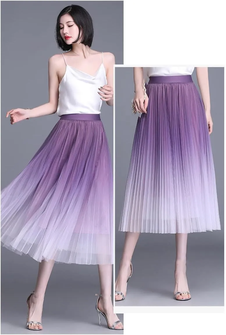 Women Long Midi Skirt Tulle Skirts Women Boho Big Swing Skirt Gradient Mesh Beach Skirt Women Dance Skirt