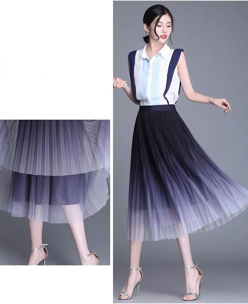 Women Long Midi Skirt Tulle Skirts Women Boho Big Swing Skirt Gradient Mesh Beach Skirt Women Dance Skirt