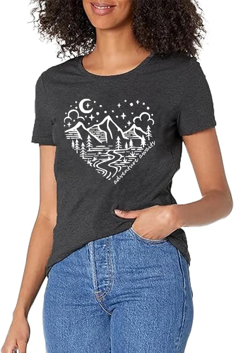 Women Mountain Shirts and So The Adventure Begins Tshirt Sunshine Moon Nature Pine Graphic Tees Heart Let's Go Find It Top