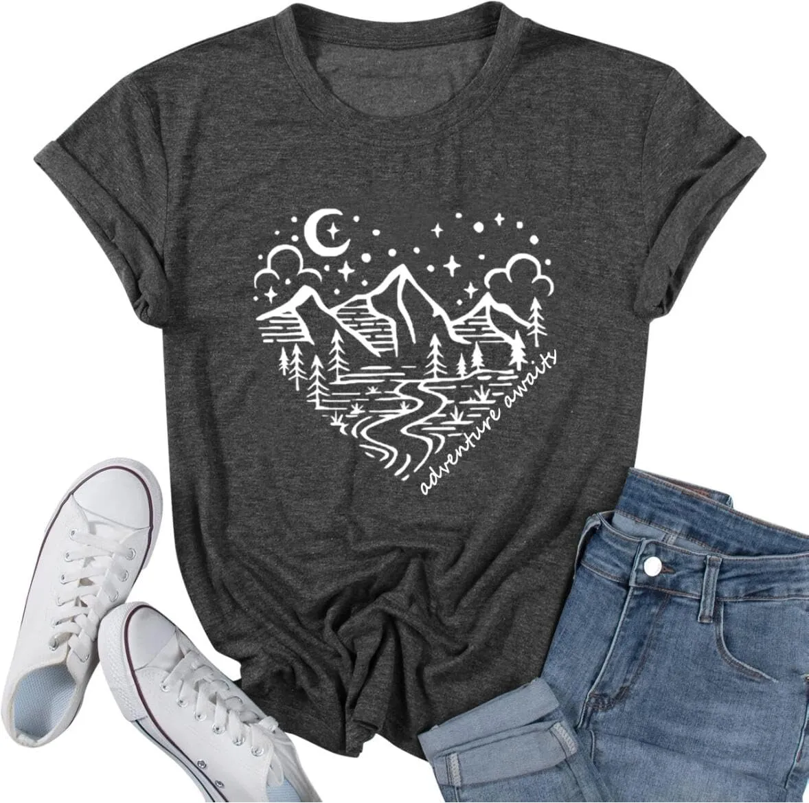 Women Mountain Shirts and So The Adventure Begins Tshirt Sunshine Moon Nature Pine Graphic Tees Heart Let's Go Find It Top