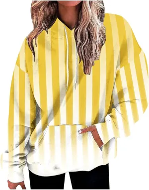 Women Oversized Stripe Sweatshirts Long Sleeve Drawstring Hoodies Trendy Fall Tops with Hood Fall Fashion Clothes