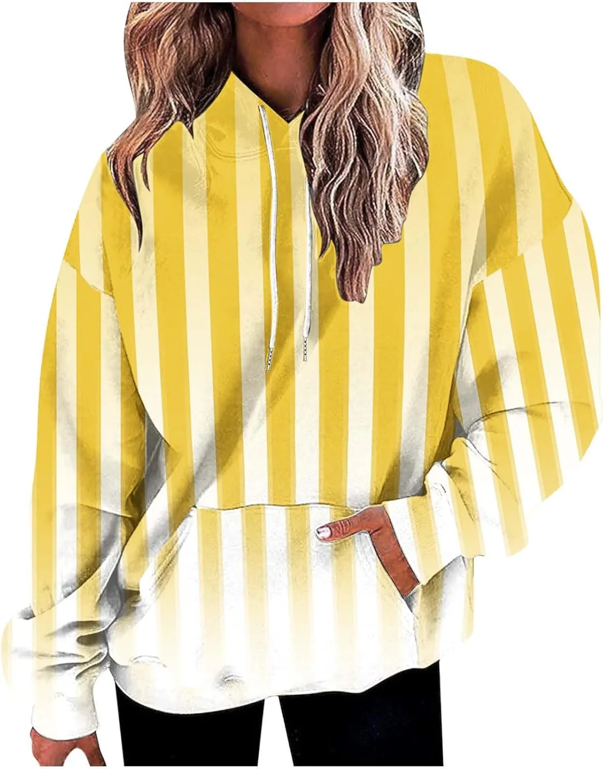 Women Oversized Stripe Sweatshirts Long Sleeve Drawstring Hoodies Trendy Fall Tops with Hood Fall Fashion Clothes
