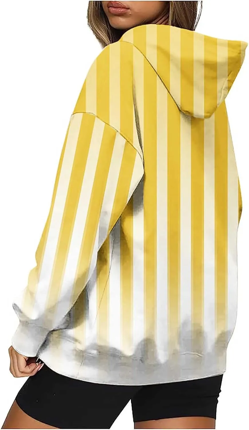 Women Oversized Stripe Sweatshirts Long Sleeve Drawstring Hoodies Trendy Fall Tops with Hood Fall Fashion Clothes