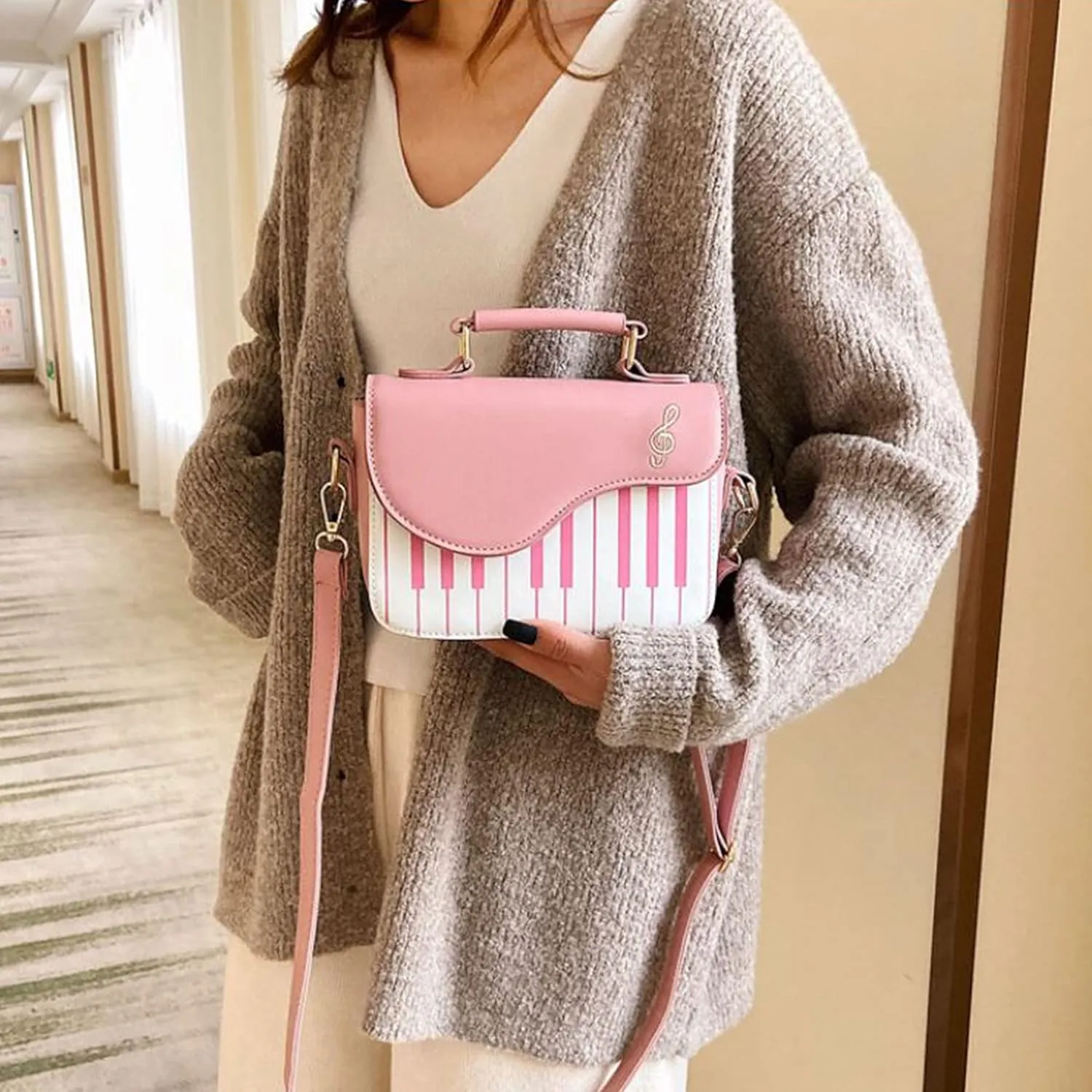 Women Piano Pattern Music Note Top Handle Satchel Mini Size Crossbody Tote Bag Purse