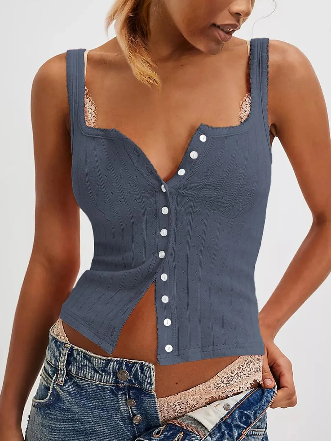 Women Ribbed Tank Tops Sleeveless Button Down Camisole Summer Scoop Neck Cropped Top