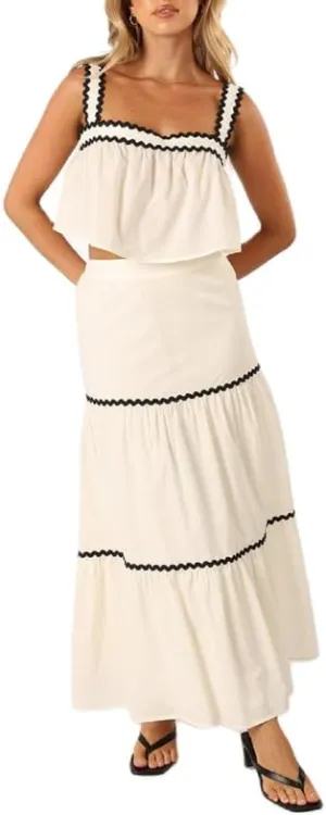 Women Sexy Two Piece Maxi Skirt Set Sleeveless Cropped Tank Tops and Long Skirt Summer Vacation Beach Outfits