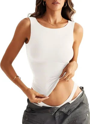 Women Sleeveless Boat Neck Tops Double Lined Backless Tank Tops Basic Fitted T Shirts 2025