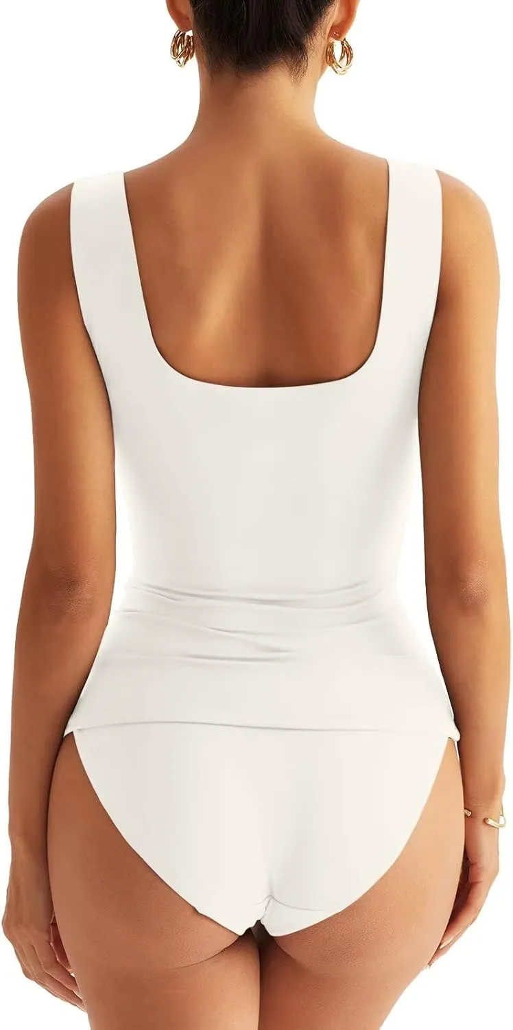 Women Sleeveless Boat Neck Tops Double Lined Backless Tank Tops Basic Fitted T Shirts 2025
