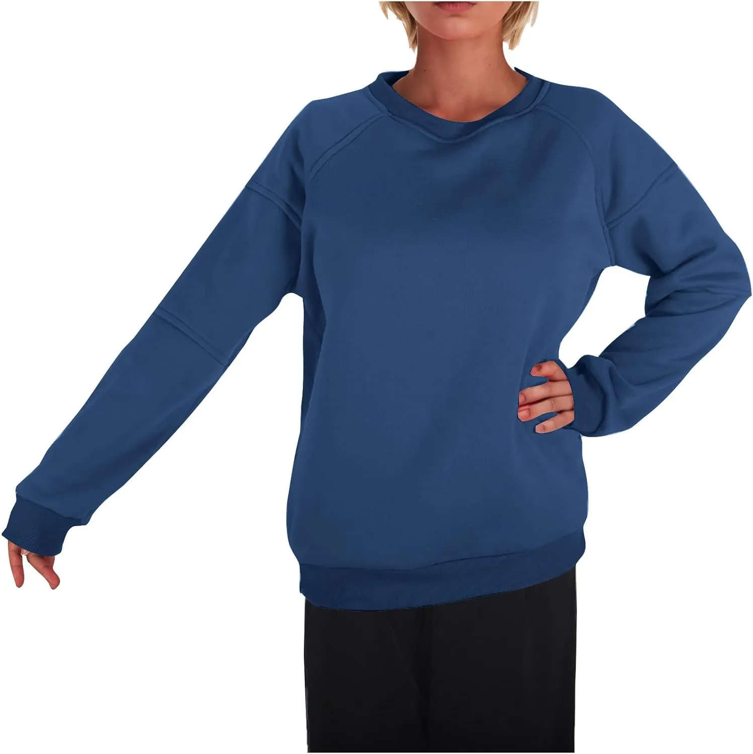 Women Solid Color Fashion Sweatshirts Round Neck Long Sleeve Hoodie Hooded Fleece Pullover Tops Fall Casual Blouses