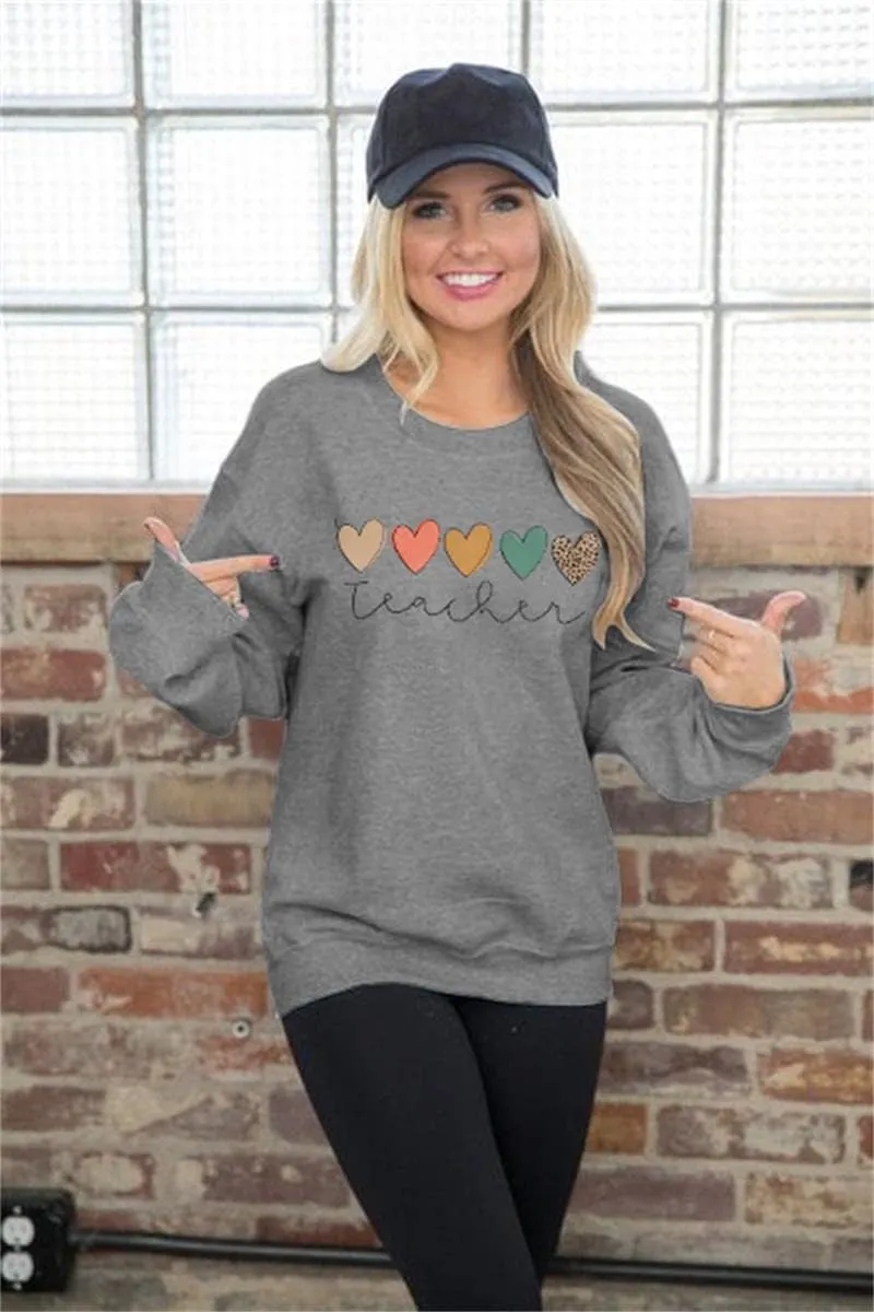Women Teacher Sweatshirts Heart Graphic Shirt Boho Teacher Sweatshirt Cute Teaching Pullover Tops Inspirational Tees