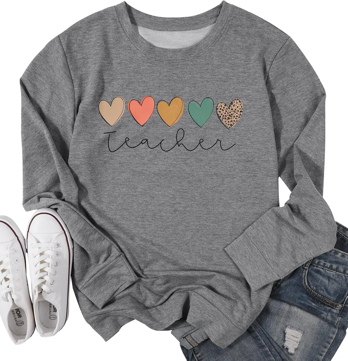 Women Teacher Sweatshirts Heart Graphic Shirt Boho Teacher Sweatshirt Cute Teaching Pullover Tops Inspirational Tees