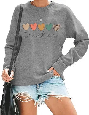 Women Teacher Sweatshirts Heart Graphic Shirt Boho Teacher Sweatshirt Cute Teaching Pullover Tops Inspirational Tees