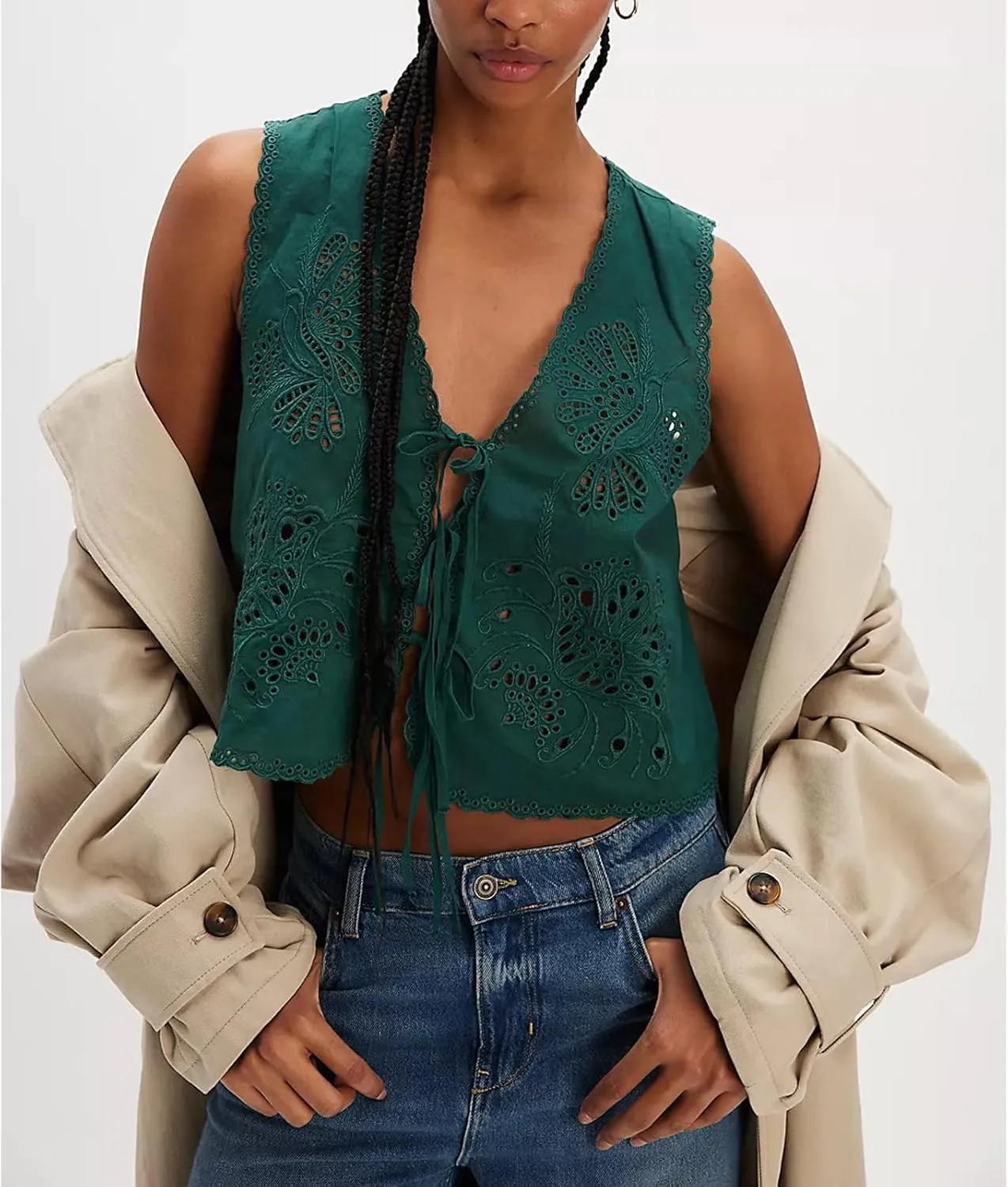 Women Tie Front Vest Floral Eyelet Embroidered Tank Y2K Sleeveless V Neck Crop Shirt Top Cute Going Out Tops
