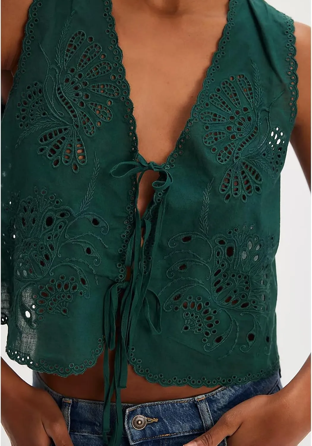 Women Tie Front Vest Floral Eyelet Embroidered Tank Y2K Sleeveless V Neck Crop Shirt Top Cute Going Out Tops