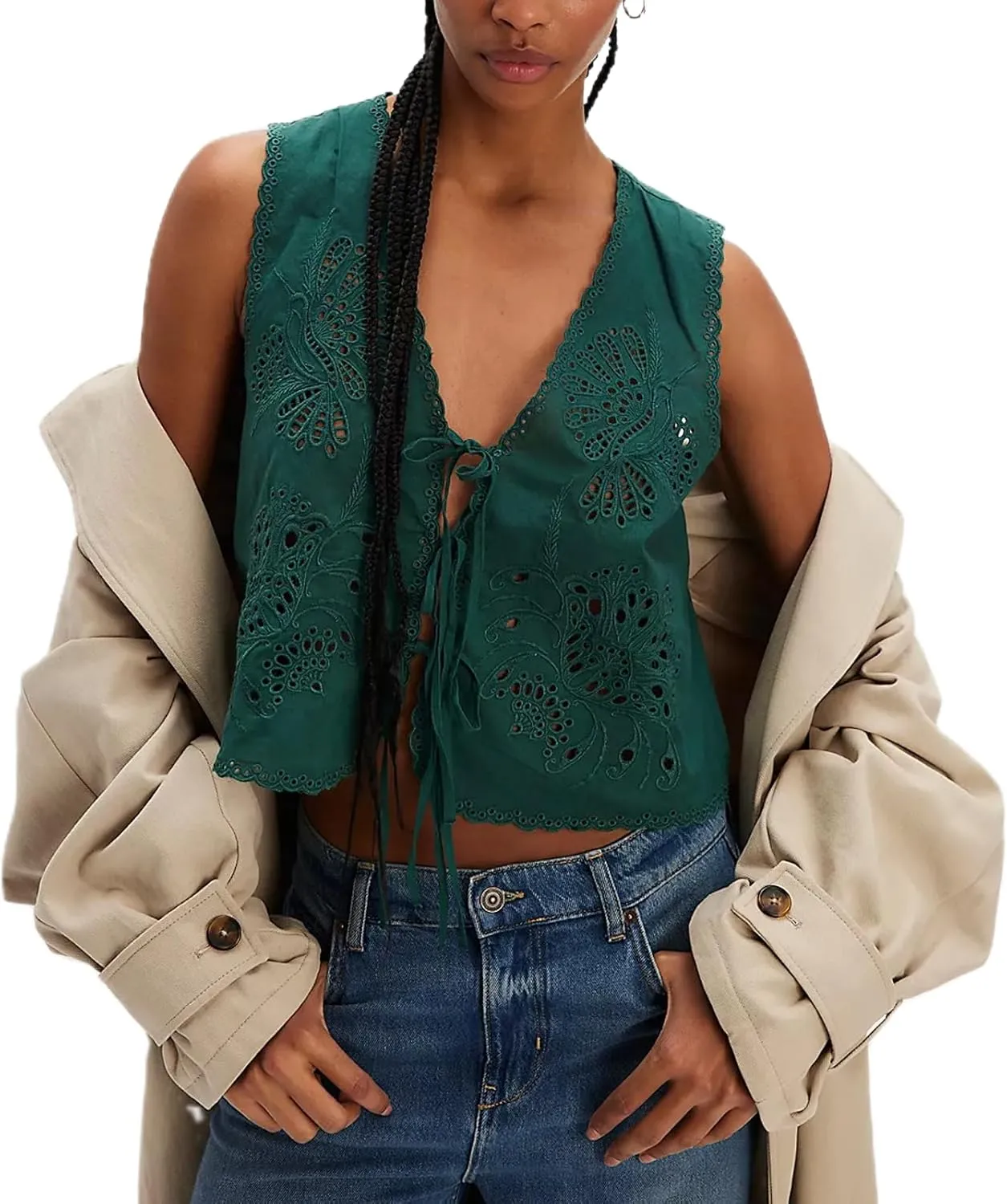 Women Tie Front Vest Floral Eyelet Embroidered Tank Y2K Sleeveless V Neck Crop Shirt Top Cute Going Out Tops
