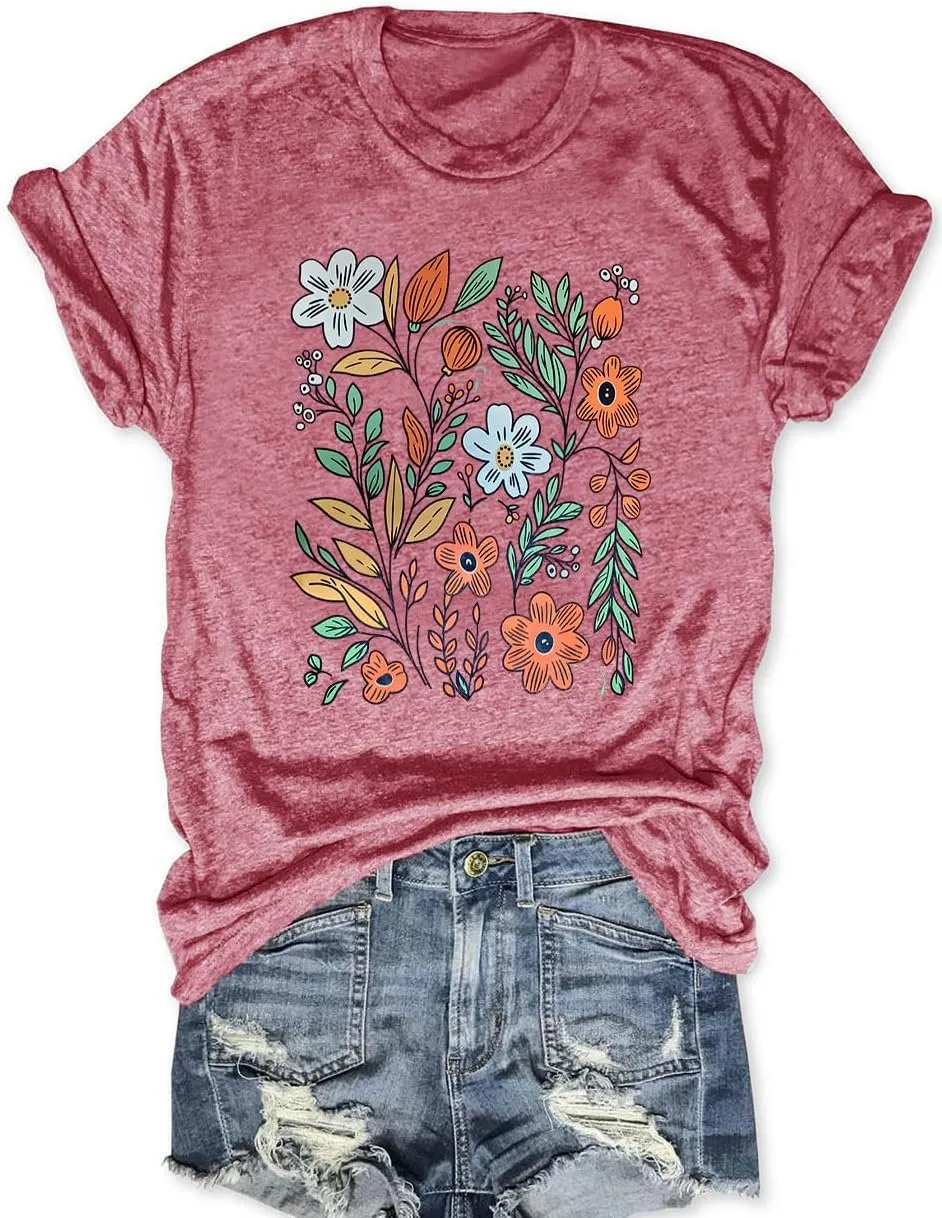 Women Vintage Wildflower T Shirt Funny Sun Mystical Shirts Boho Graphic Tees Short Sleeve Tops