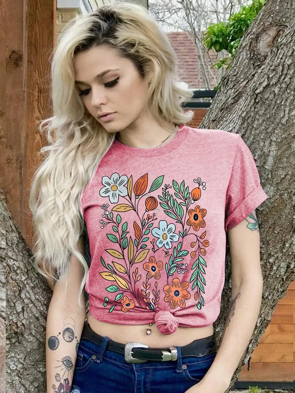 Women Vintage Wildflower T Shirt Funny Sun Mystical Shirts Boho Graphic Tees Short Sleeve Tops