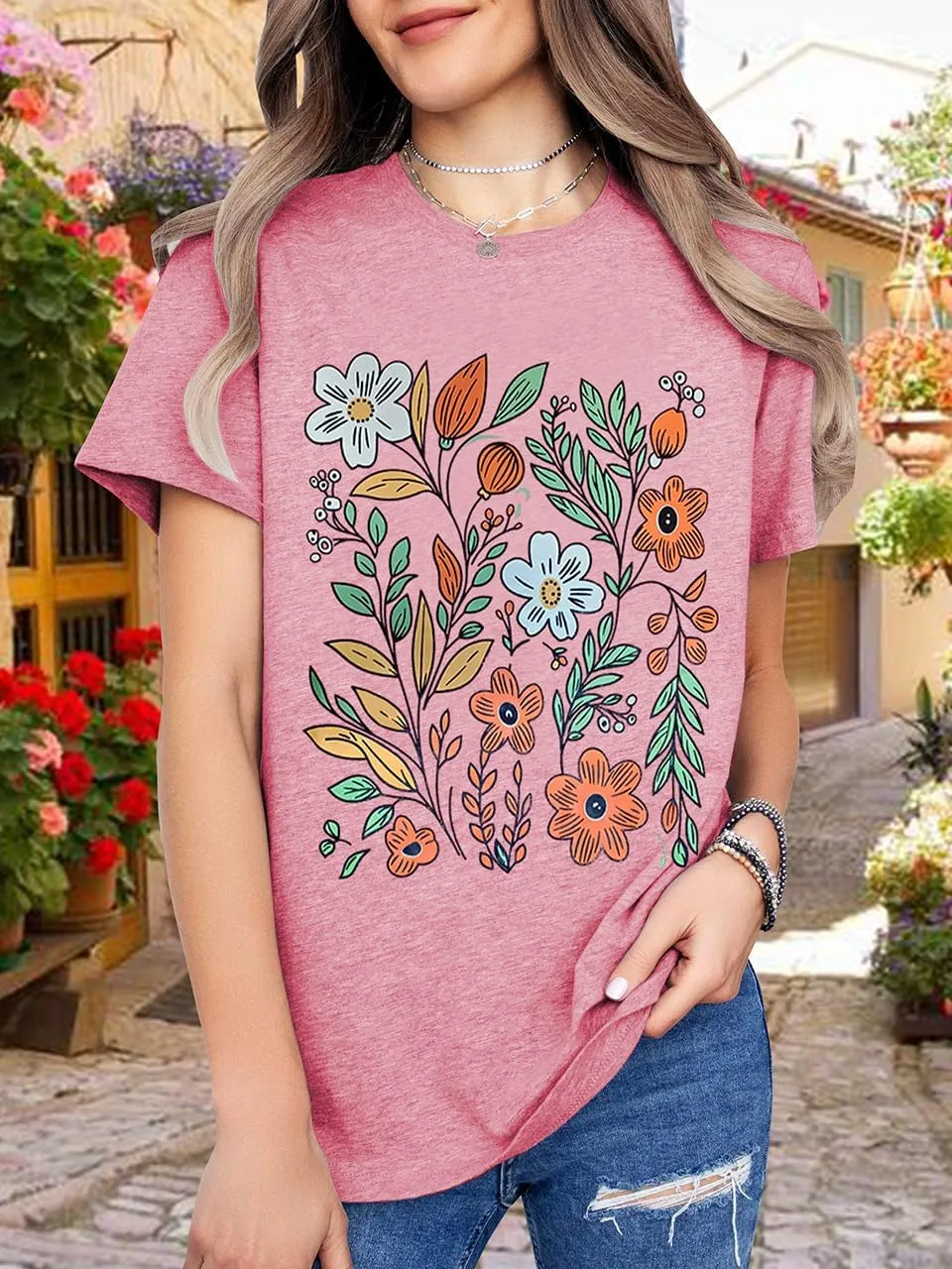 Women Vintage Wildflower T Shirt Funny Sun Mystical Shirts Boho Graphic Tees Short Sleeve Tops