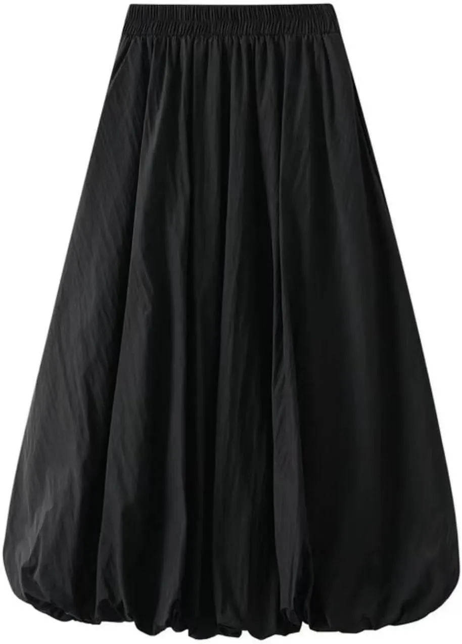Women Y2K Bubble Long Skirt A Line Elastic Waist Pleated Balloon Solid Color Midi Dress Casual Loose Puffy Maxi Skirts