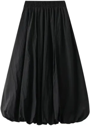 Women Y2K Bubble Long Skirt A Line Elastic Waist Pleated Balloon Solid Color Midi Dress Casual Loose Puffy Maxi Skirts