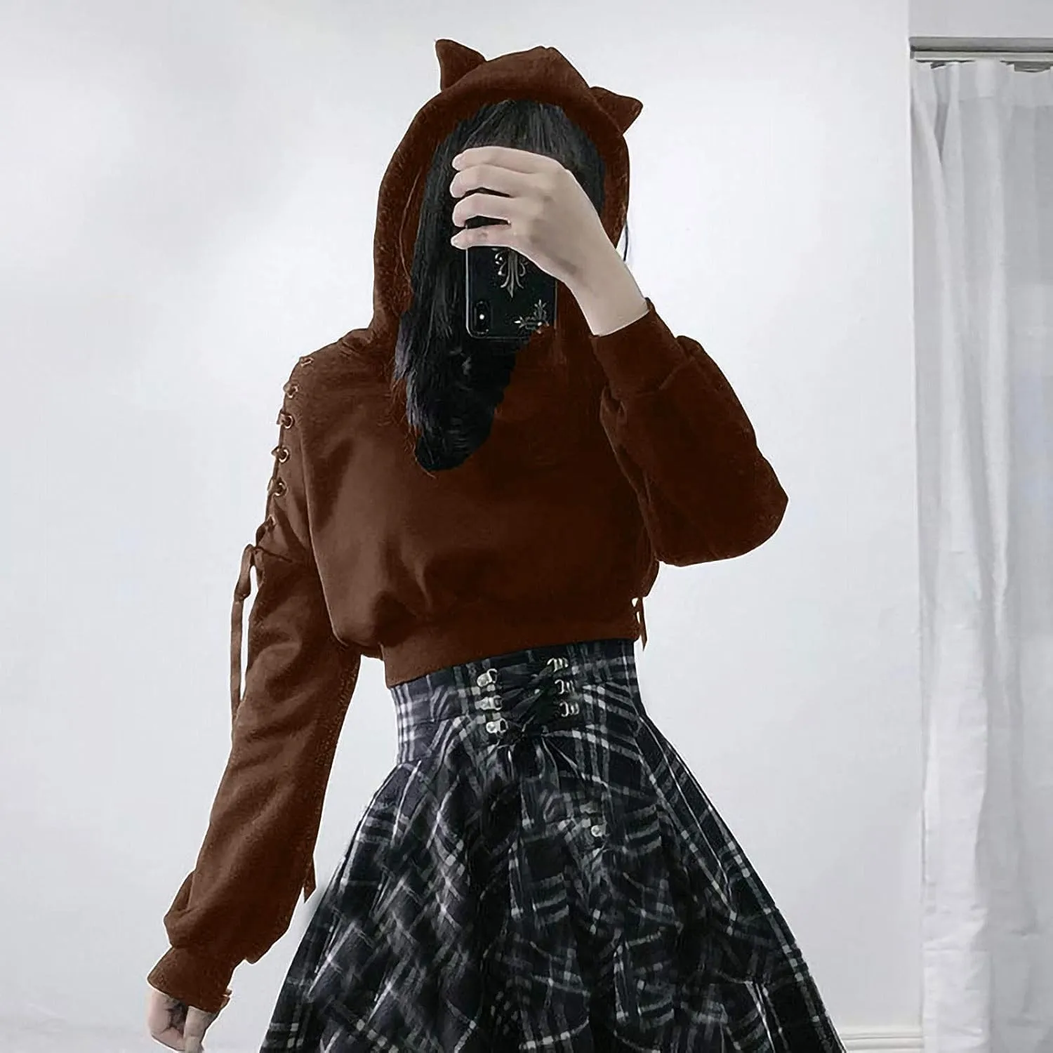 Women Y2k Hoodies, Womens Long Sleeve Cute Cat Ear Pullover Hoodie Crop Top Gothic Cold Shoulder Lace Up Sweatshirt