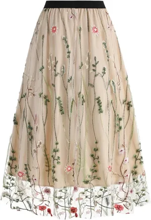 Women's 2 Layers Floral High Elastic Waist Long Mesh Skirt Tulle Skirt Summer Pleated A-line Midi Skirts