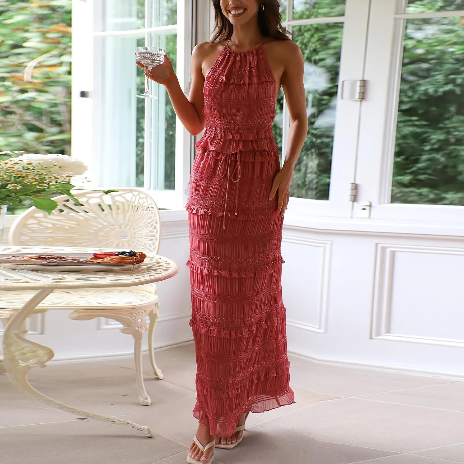 Womens 2 Piece Skirt Sets Lace Shirred Halter Tops and Swing Maxi Skirt Y2k Going Out Outfits Summer Beachwear