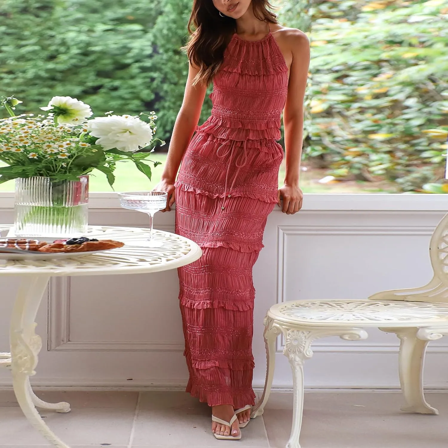 Womens 2 Piece Skirt Sets Lace Shirred Halter Tops and Swing Maxi Skirt Y2k Going Out Outfits Summer Beachwear