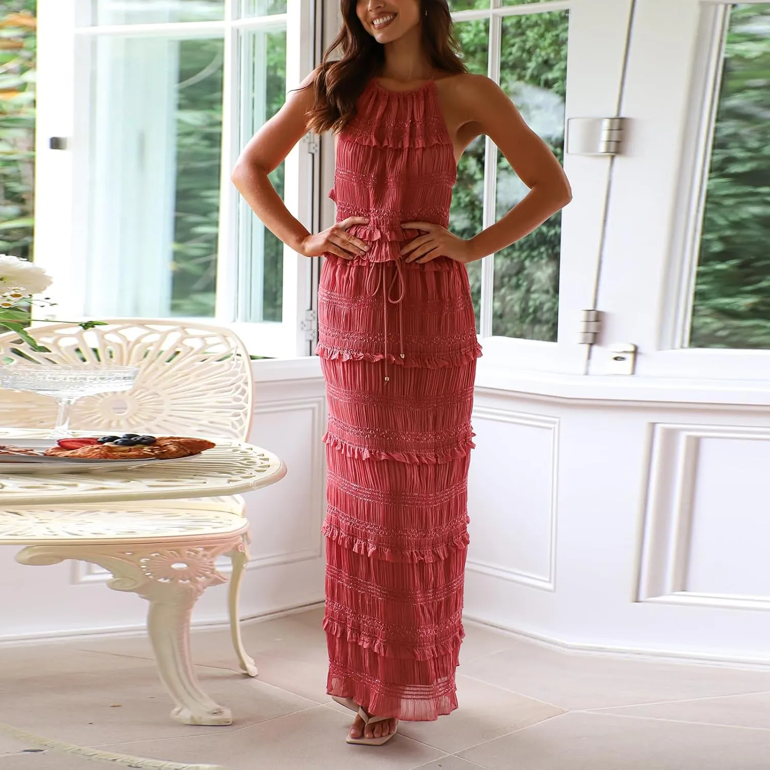Womens 2 Piece Skirt Sets Lace Shirred Halter Tops and Swing Maxi Skirt Y2k Going Out Outfits Summer Beachwear