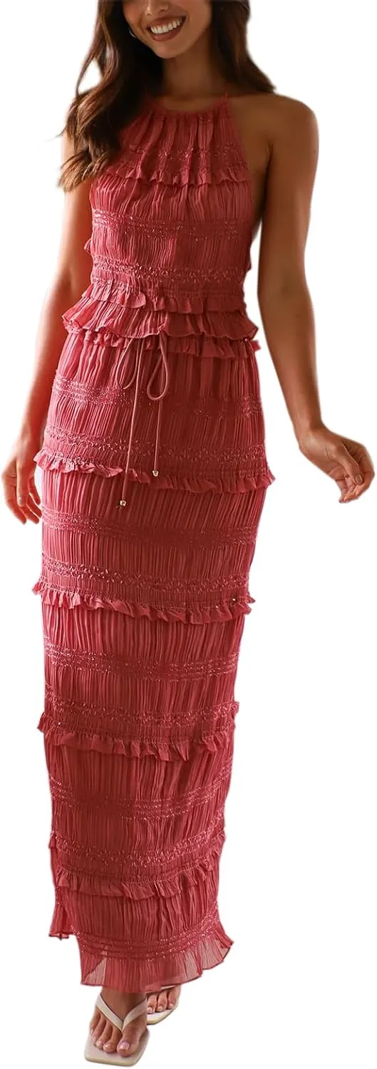 Womens 2 Piece Skirt Sets Lace Shirred Halter Tops and Swing Maxi Skirt Y2k Going Out Outfits Summer Beachwear