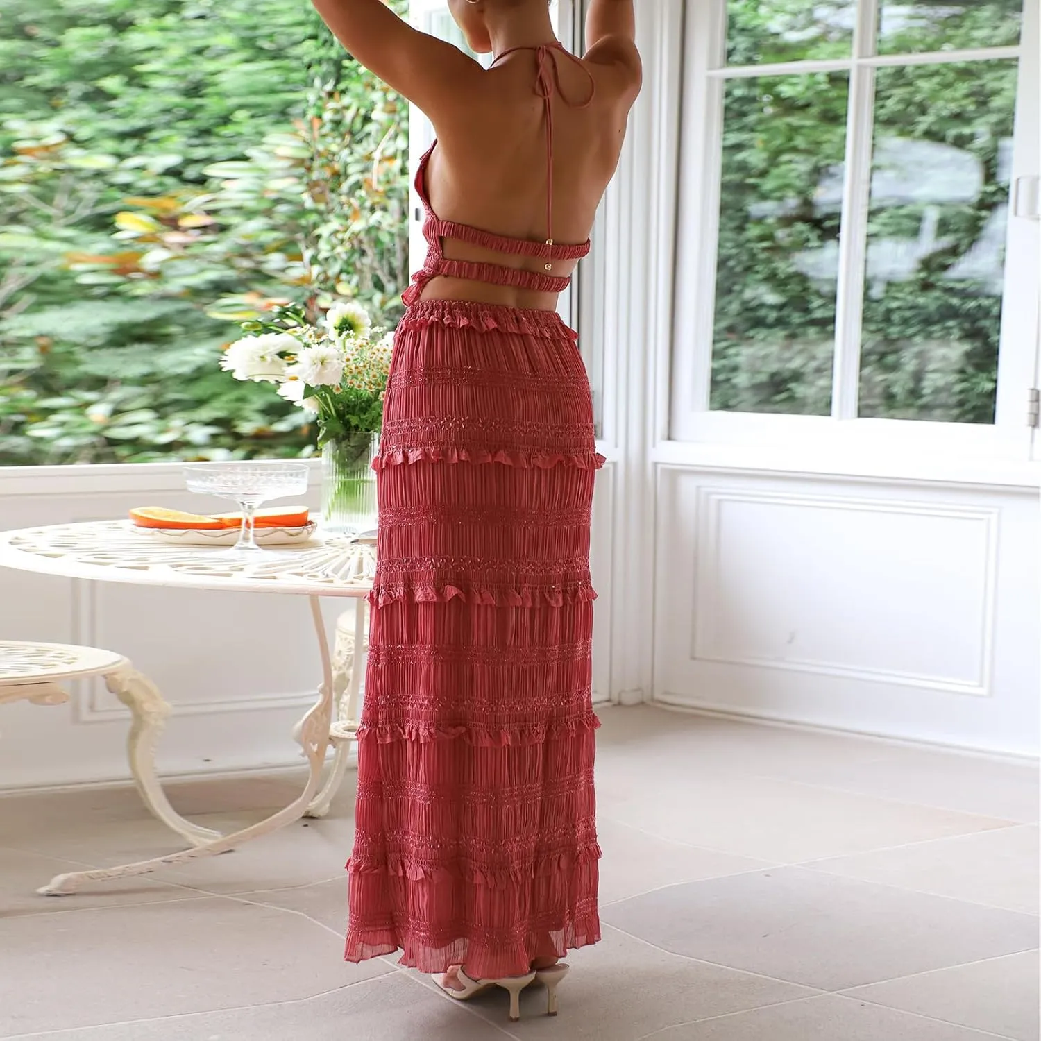 Womens 2 Piece Skirt Sets Lace Shirred Halter Tops and Swing Maxi Skirt Y2k Going Out Outfits Summer Beachwear