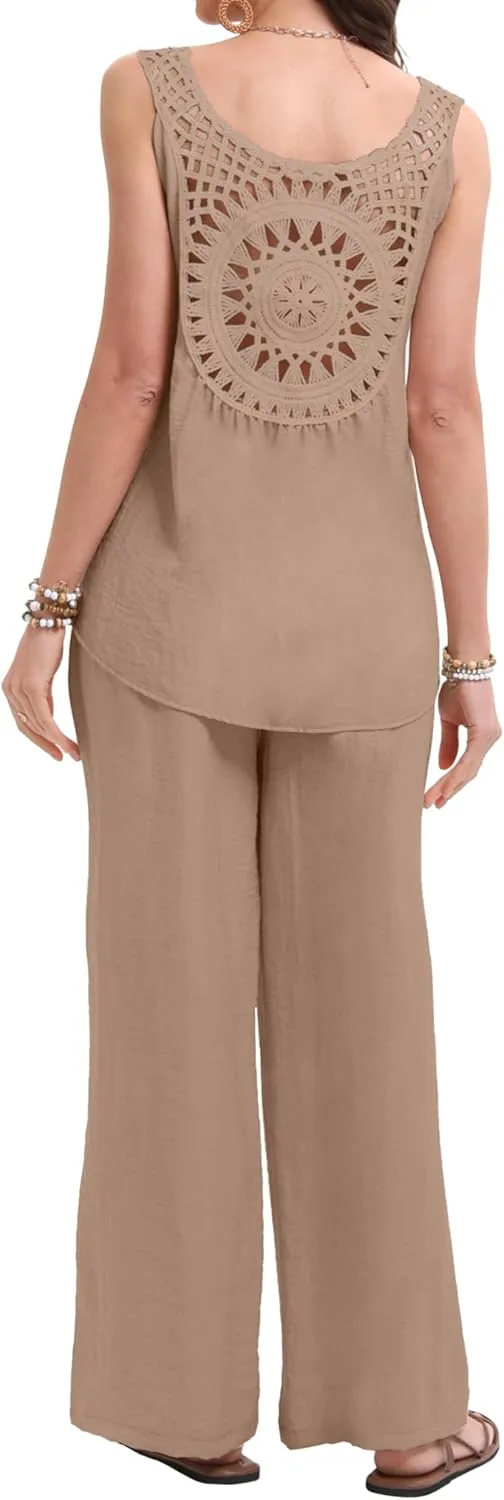 Women's 2 Pieces Going Out Outfits Casual Loose Sleeveless Tank Top & Wide Leg Pant Sets Summer Matching