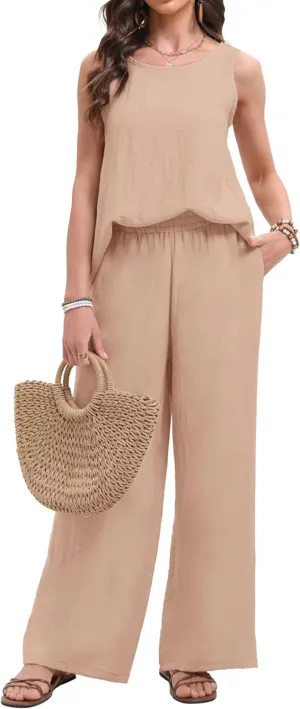 Women's 2 Pieces Going Out Outfits Casual Loose Sleeveless Tank Top & Wide Leg Pant Sets Summer Matching