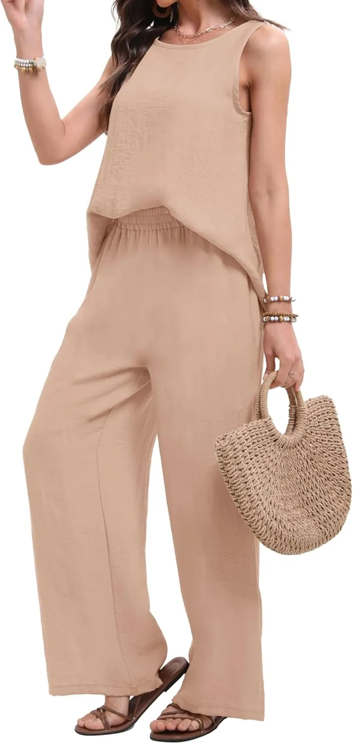 Women's 2 Pieces Going Out Outfits Casual Loose Sleeveless Tank Top & Wide Leg Pant Sets Summer Matching