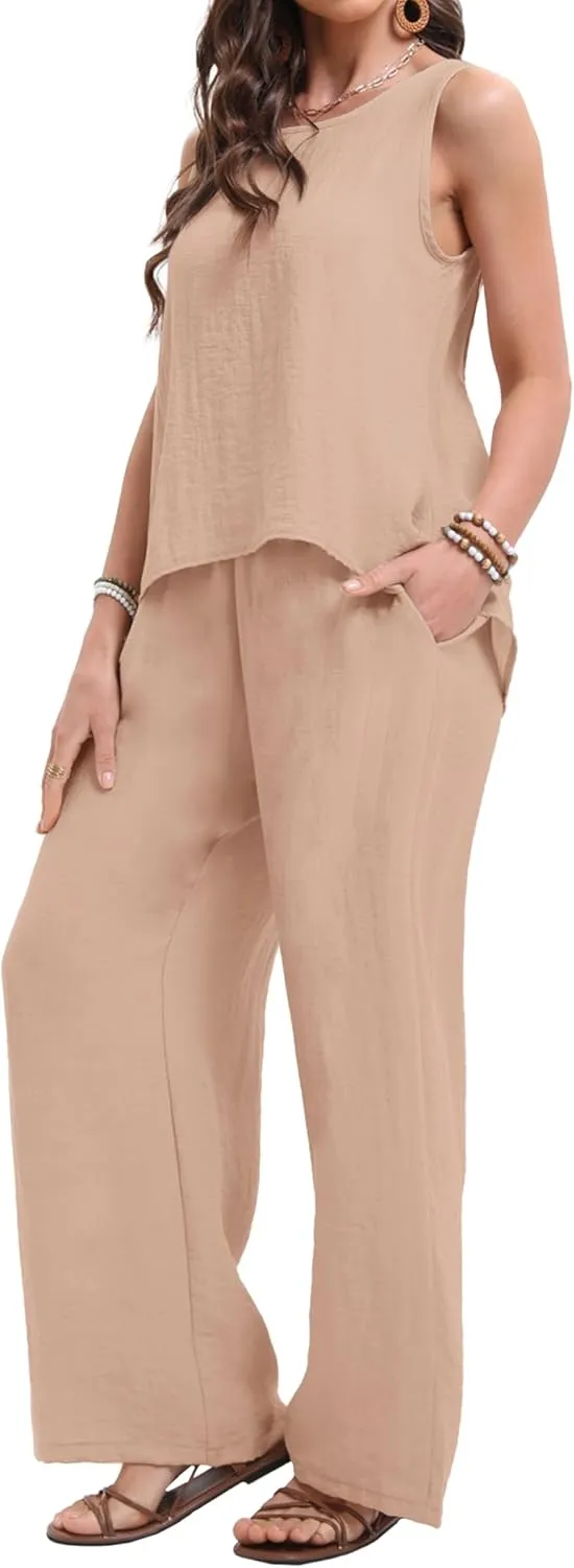 Women's 2 Pieces Going Out Outfits Casual Loose Sleeveless Tank Top & Wide Leg Pant Sets Summer Matching