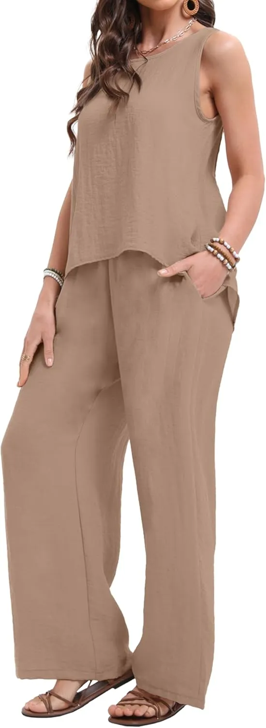 Women's 2 Pieces Going Out Outfits Casual Loose Sleeveless Tank Top & Wide Leg Pant Sets Summer Matching