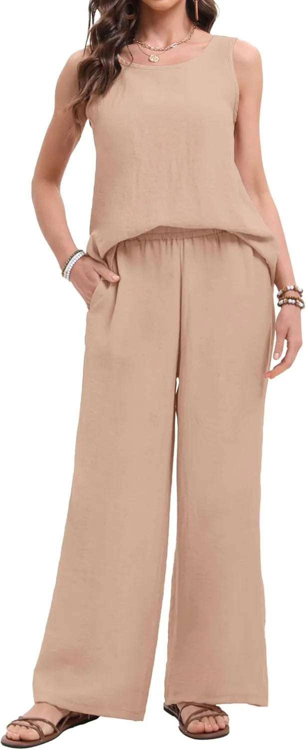 Women's 2 Pieces Going Out Outfits Casual Loose Sleeveless Tank Top & Wide Leg Pant Sets Summer Matching