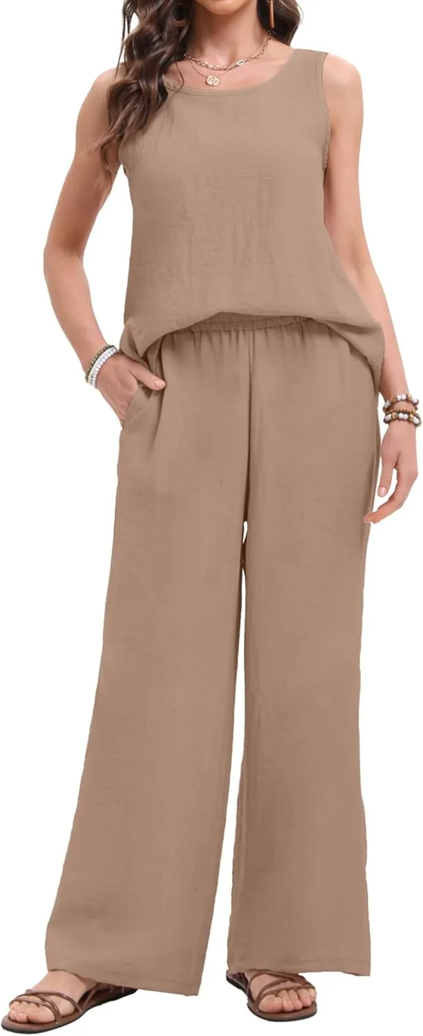 Women's 2 Pieces Going Out Outfits Casual Loose Sleeveless Tank Top & Wide Leg Pant Sets Summer Matching