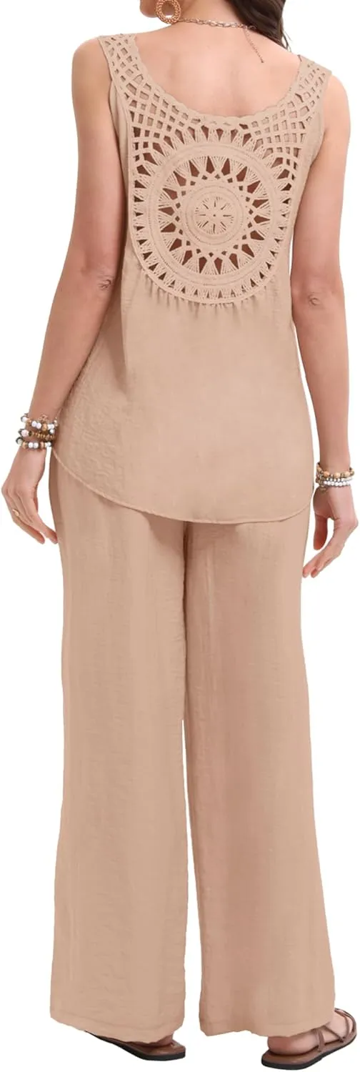 Women's 2 Pieces Going Out Outfits Casual Loose Sleeveless Tank Top & Wide Leg Pant Sets Summer Matching
