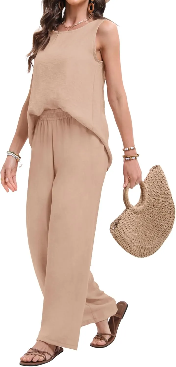 Women's 2 Pieces Going Out Outfits Casual Loose Sleeveless Tank Top & Wide Leg Pant Sets Summer Matching