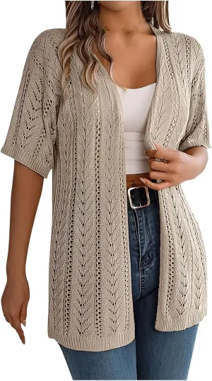 Womens 2025 Summer Crochet Cardigan Lightweight Sweaters Short Sleeve Open Front Sun Protection Kimono Knit Cover Ups