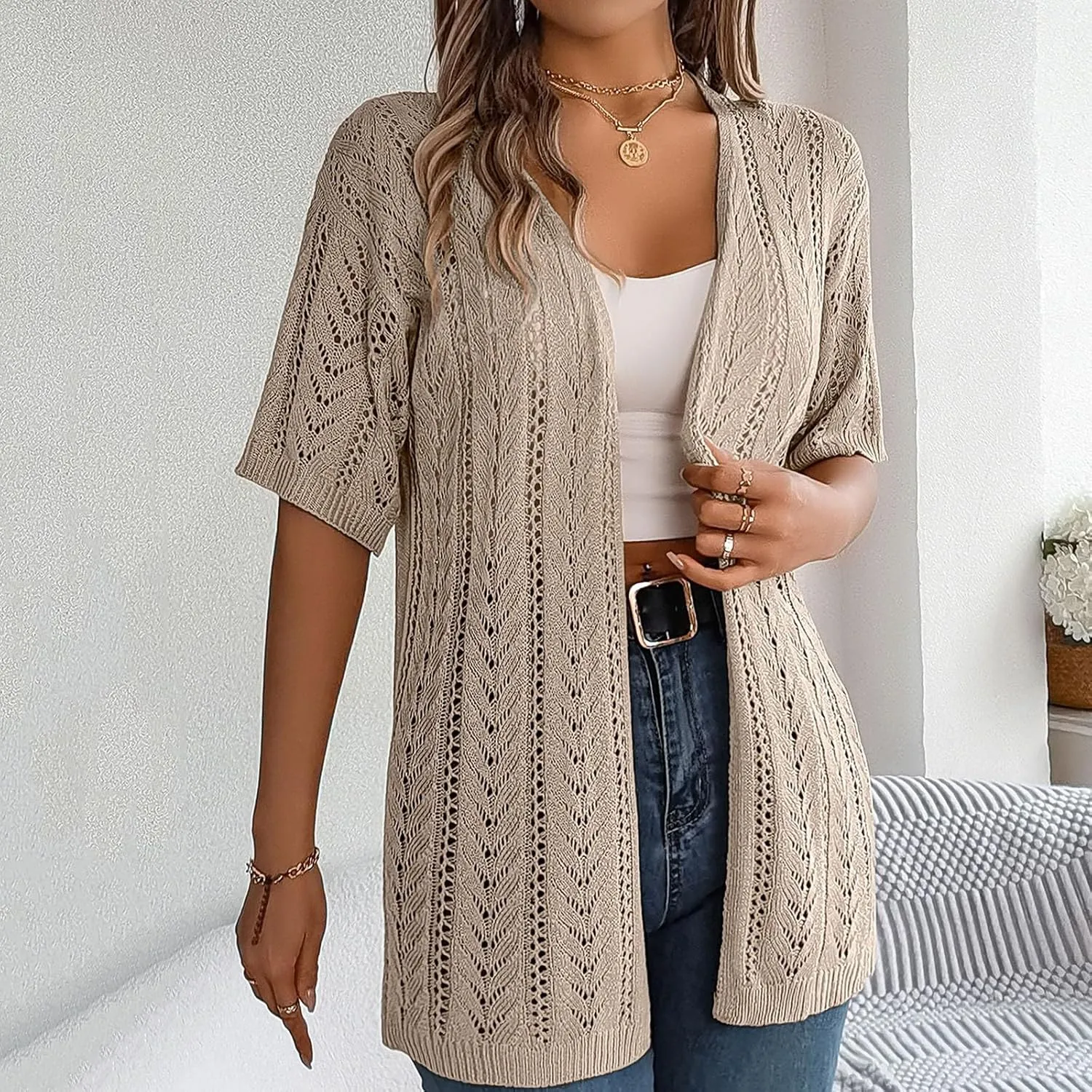 Womens 2025 Summer Crochet Cardigan Lightweight Sweaters Short Sleeve Open Front Sun Protection Kimono Knit Cover Ups
