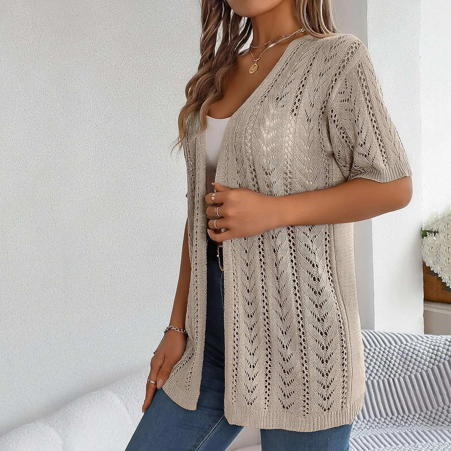 Womens 2025 Summer Crochet Cardigan Lightweight Sweaters Short Sleeve Open Front Sun Protection Kimono Knit Cover Ups