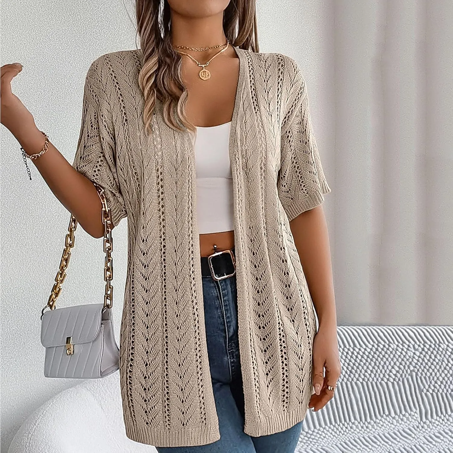 Womens 2025 Summer Crochet Cardigan Lightweight Sweaters Short Sleeve Open Front Sun Protection Kimono Knit Cover Ups