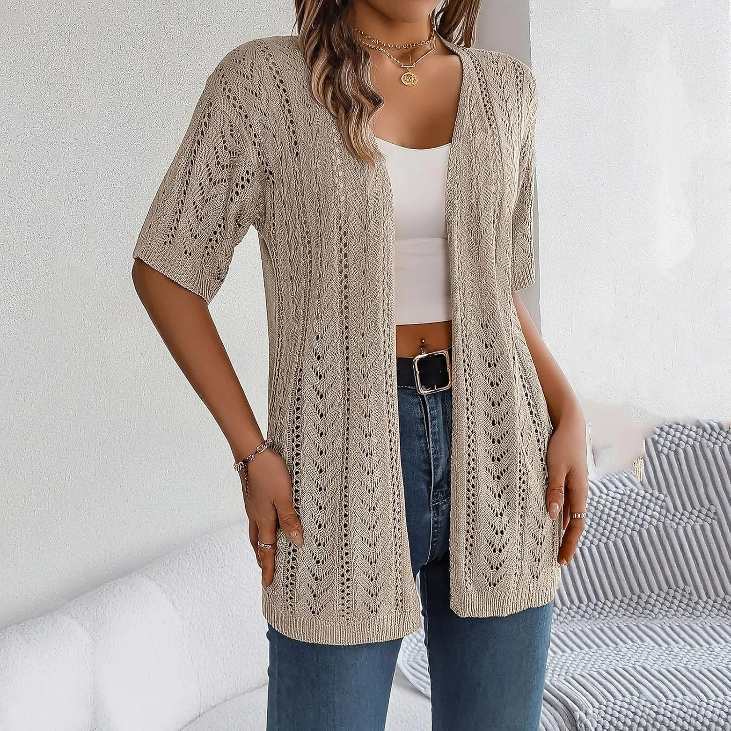 Womens 2025 Summer Crochet Cardigan Lightweight Sweaters Short Sleeve Open Front Sun Protection Kimono Knit Cover Ups