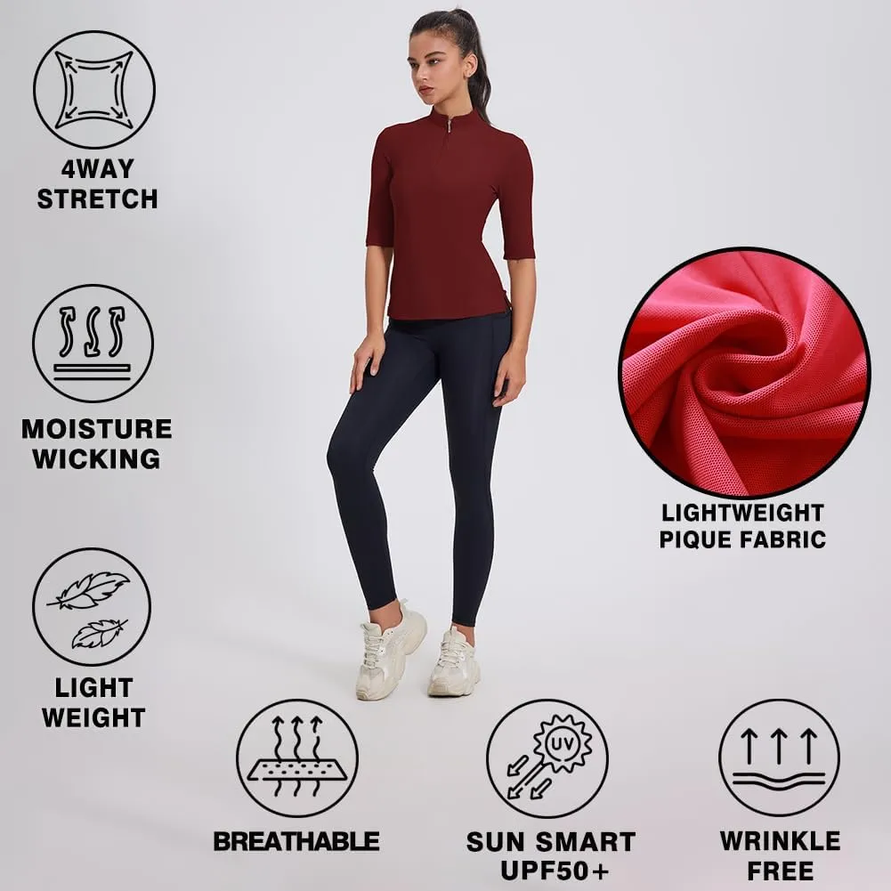 Women's 3/4 Sleeve Golf Polo Shirts UPF 50  1/4 Zip Pullover Shirts Quick Dry Outdoor Athletic Shirt